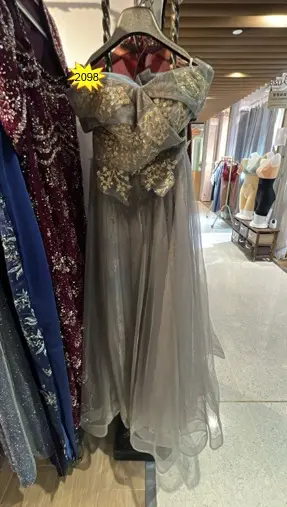 灰色金刺繡透紗晚禮服